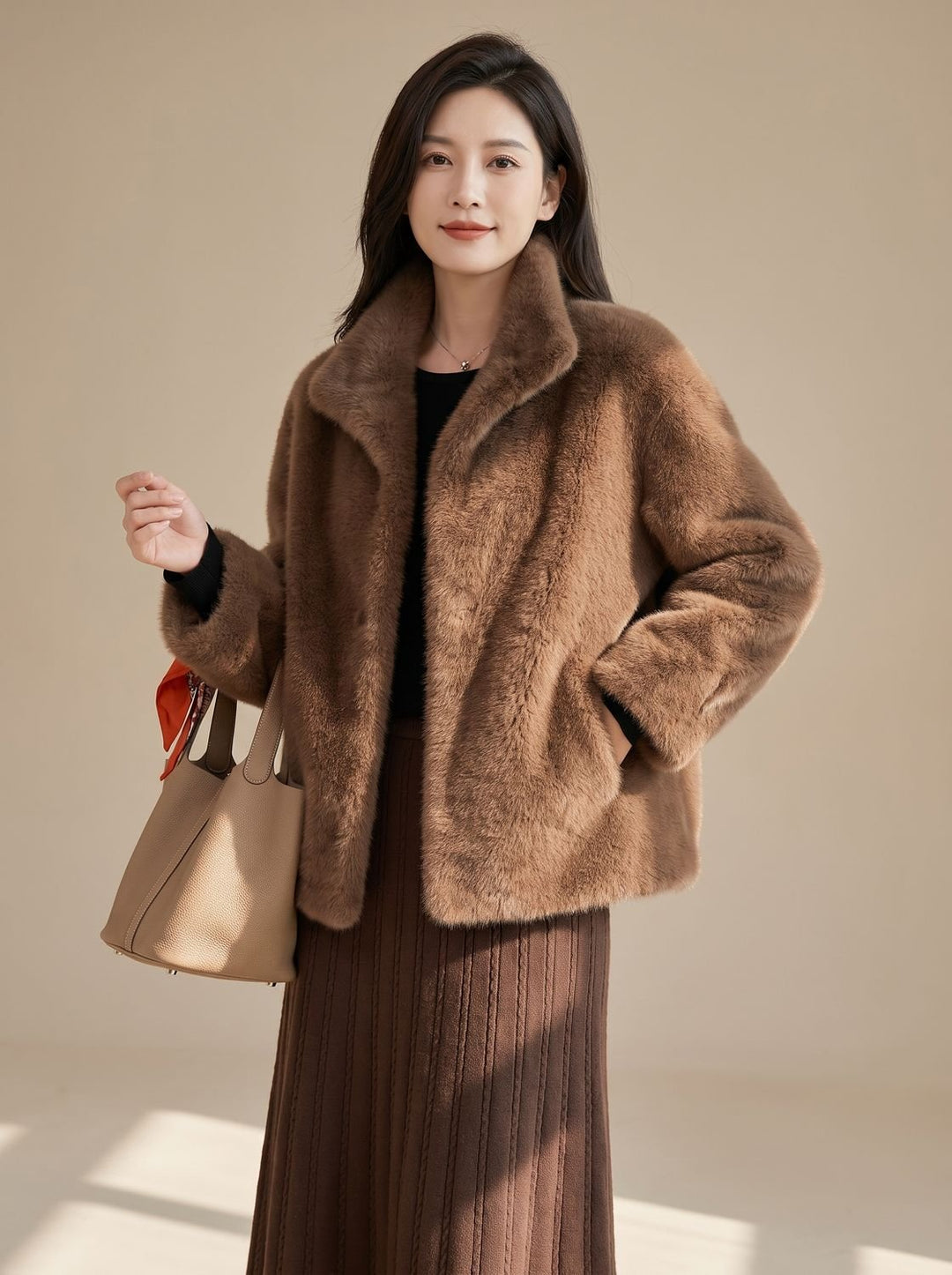Women's Oversized Faux Fur Trench Coat in Brown