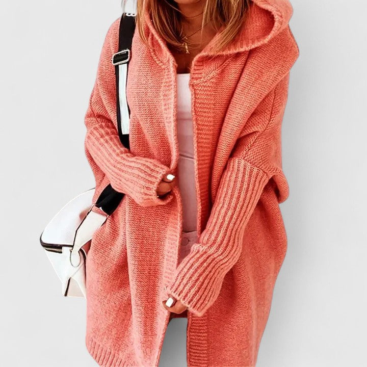 Women's Oversized Knee-Length Cardigan with Hood in Orange