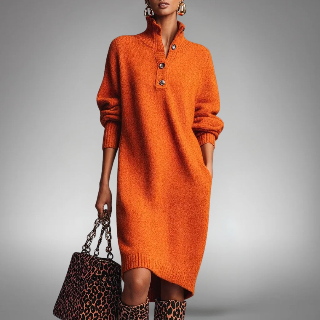 Women's Oversized Knit Midi Dress for Autumn in Orange 1