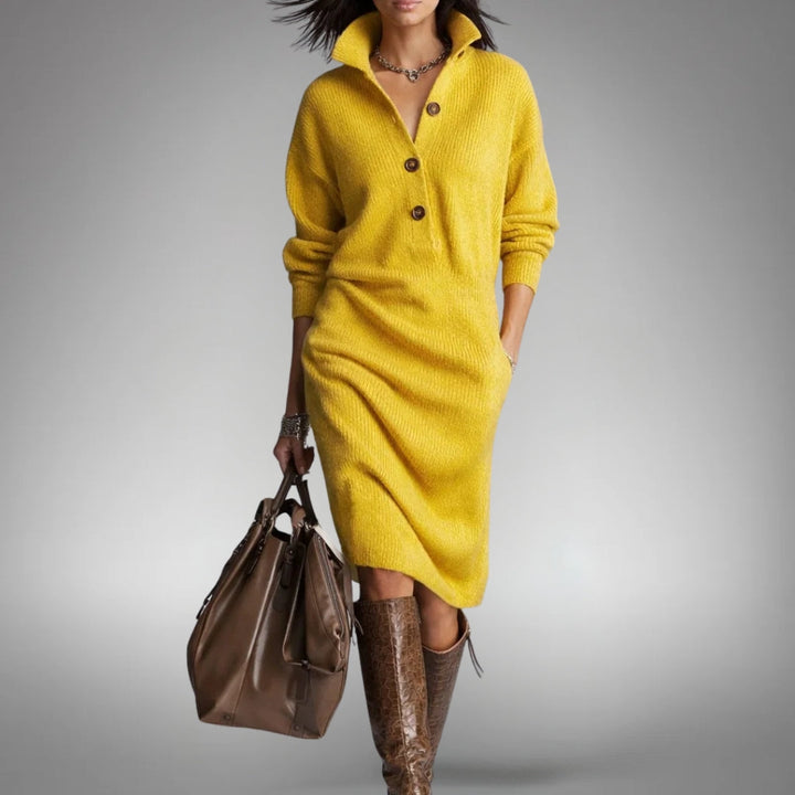 Women's Oversized Knit Midi Dress for Autumn in Yellow