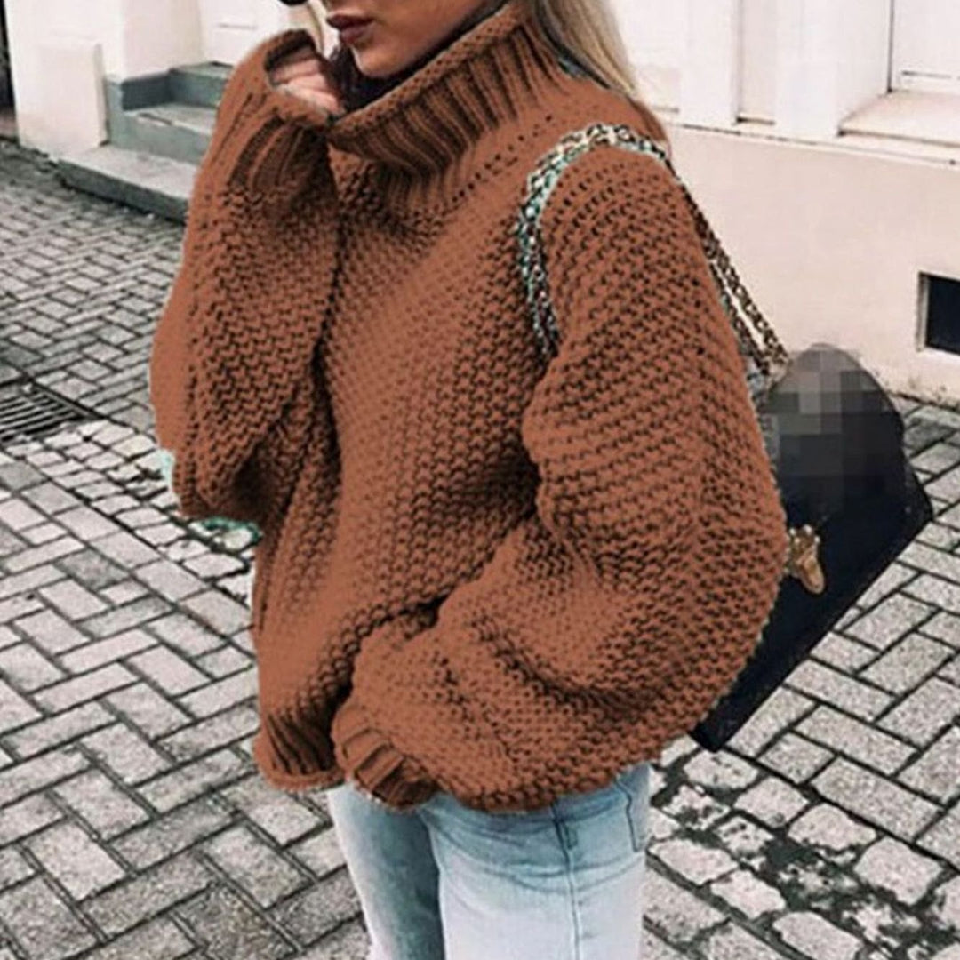 Women's Oversized Knit Turtleneck Jumper in Brown