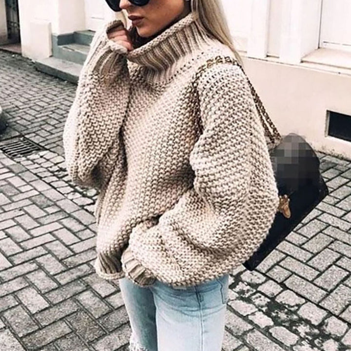 Women's Oversized Knit Turtleneck Jumper in Khaki