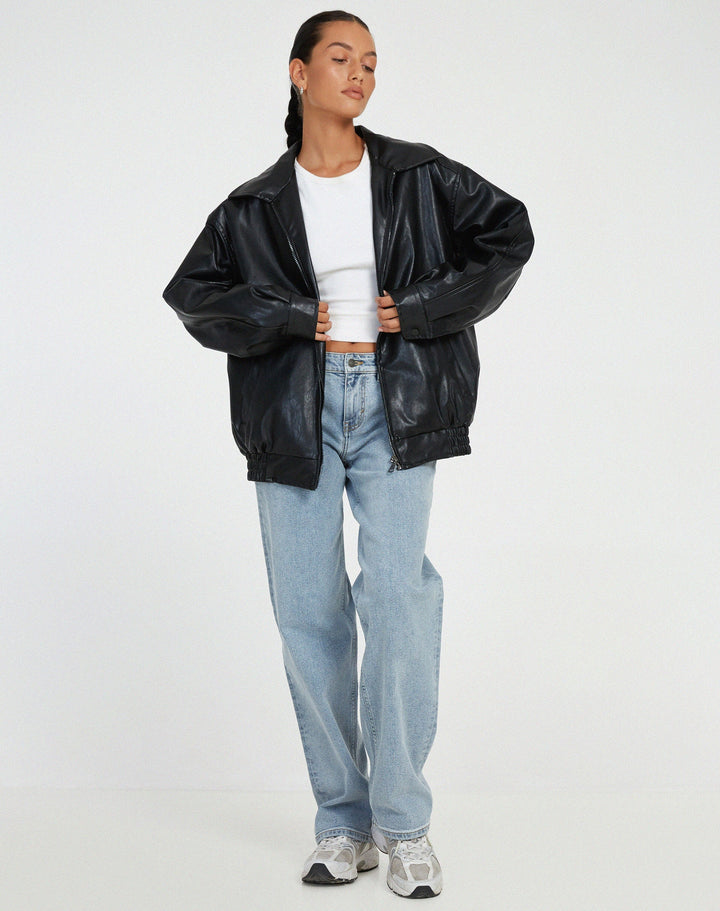 Women's Oversized Leather Jacket for Autumn in Black