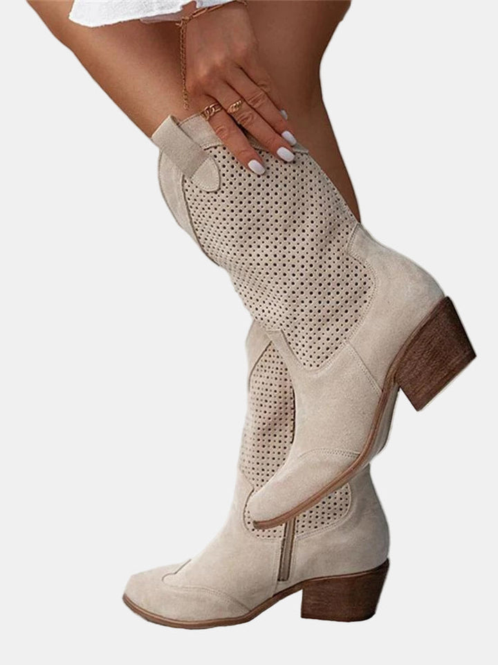Women's Perforated Leather Ankle Boots in Beige