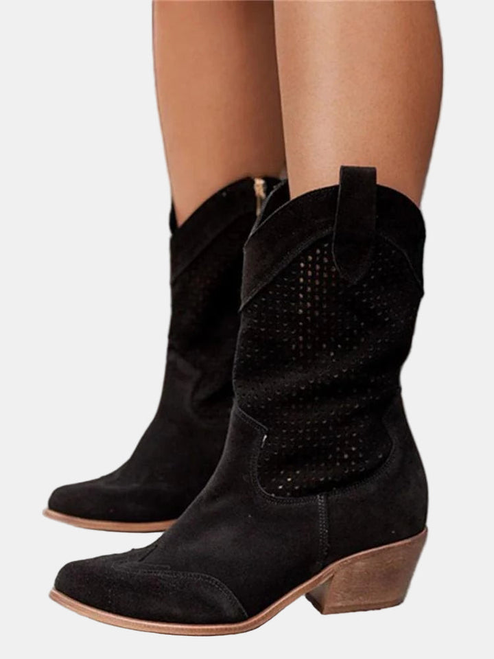 Women's Perforated Leather Ankle Boots in Black