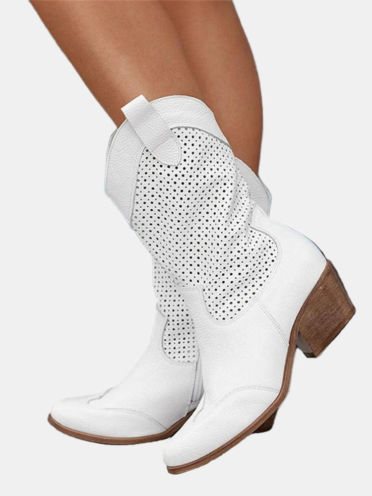 Women's Perforated Leather Ankle Boots in White