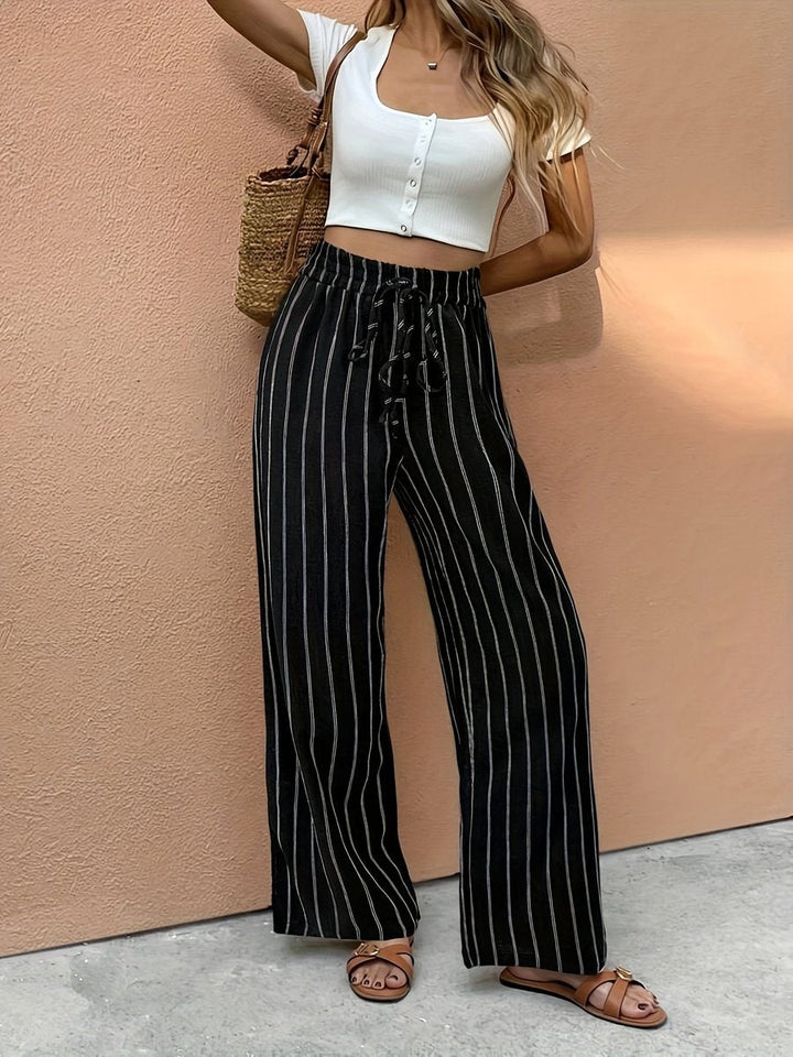 Women's Pinstriped Linen Wide-Leg Pants in Black