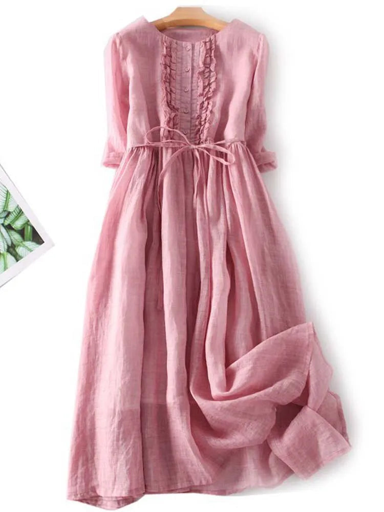 Women's pleated linen maxi dress in Pink