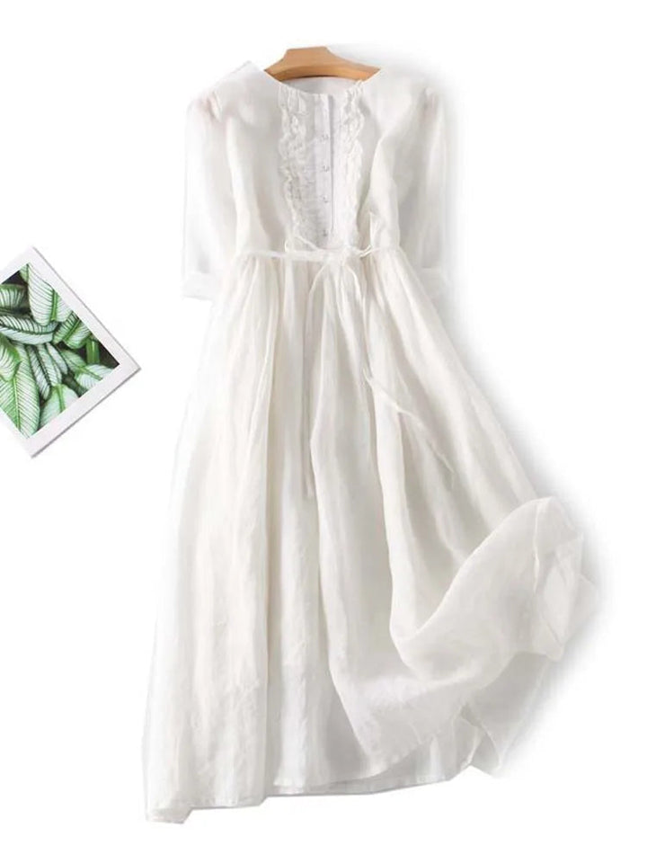 Women's pleated linen maxi dress in White