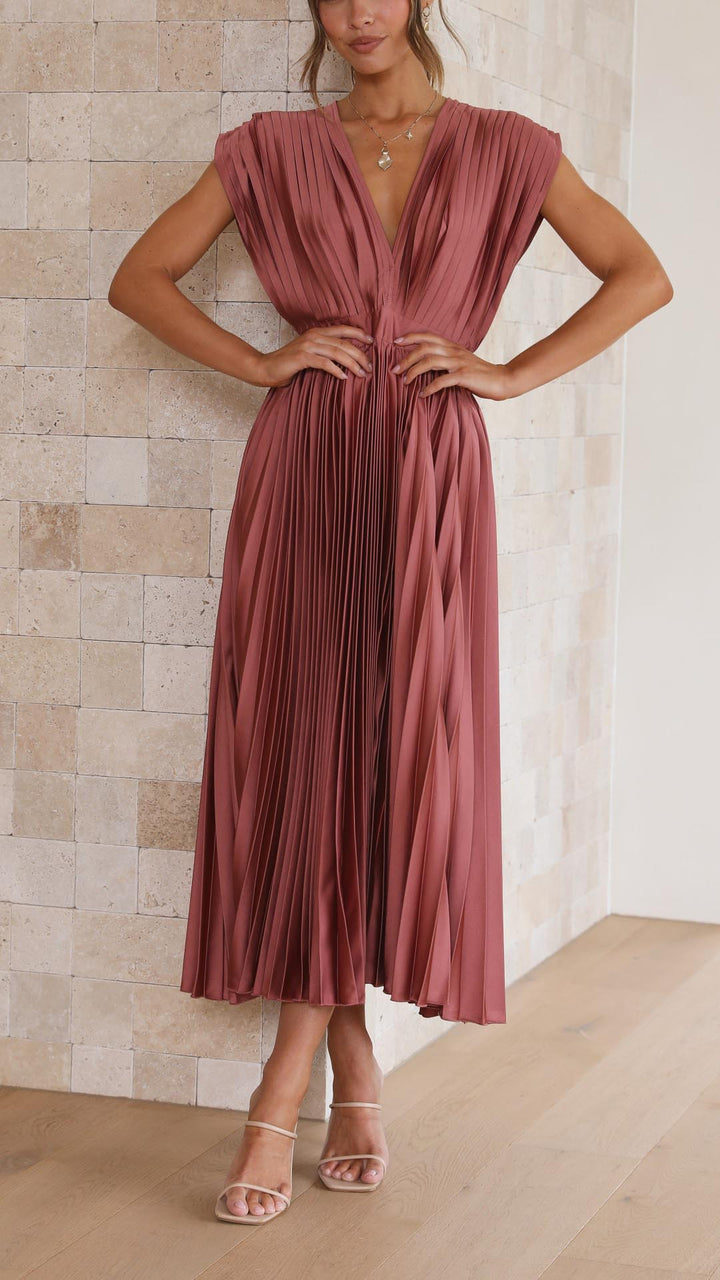 Women's Pleated V Neck Midi