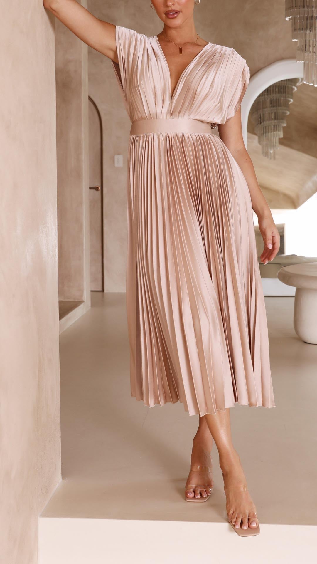 Women's Pleated V Neck Midi (9)