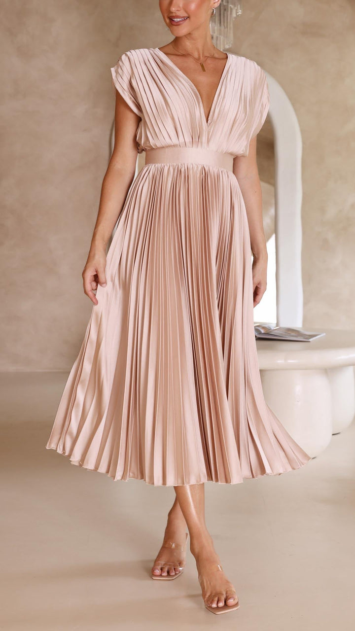 Women's Pleated V Neck Midi in Beige