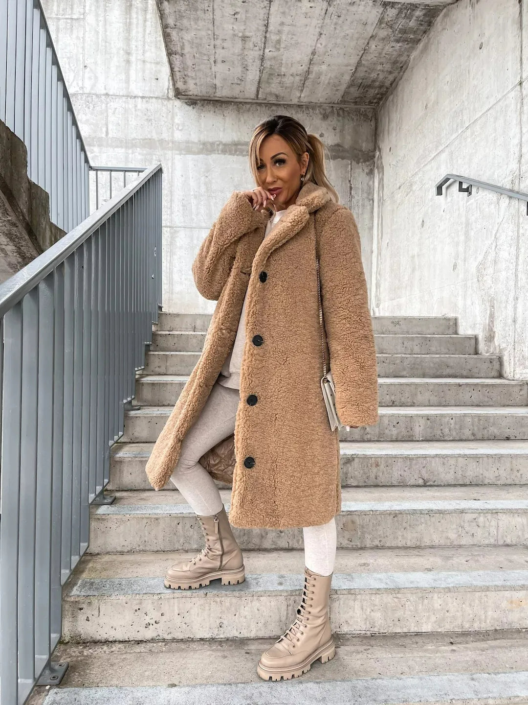 Women's Plush Trench Coat for Autumn in Beige