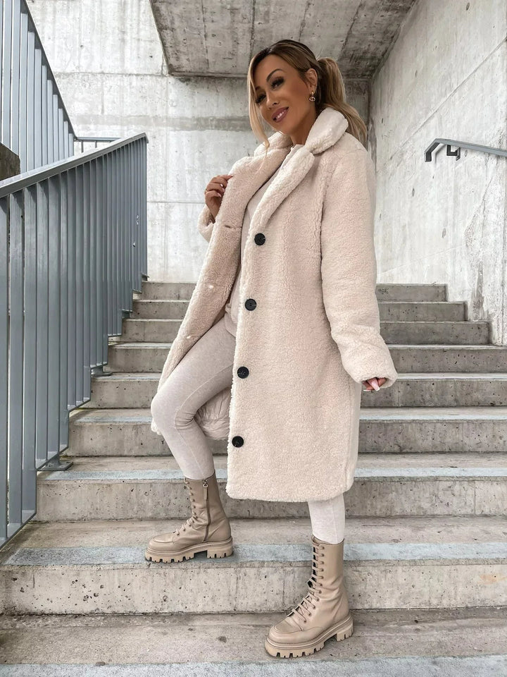 Women's Plush Trench Coat for Autumn in Cream