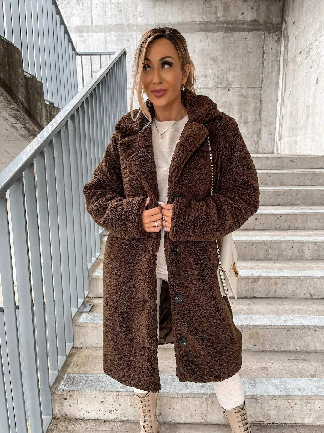Women's Plush Trench Coat for Autumn in Light Brown