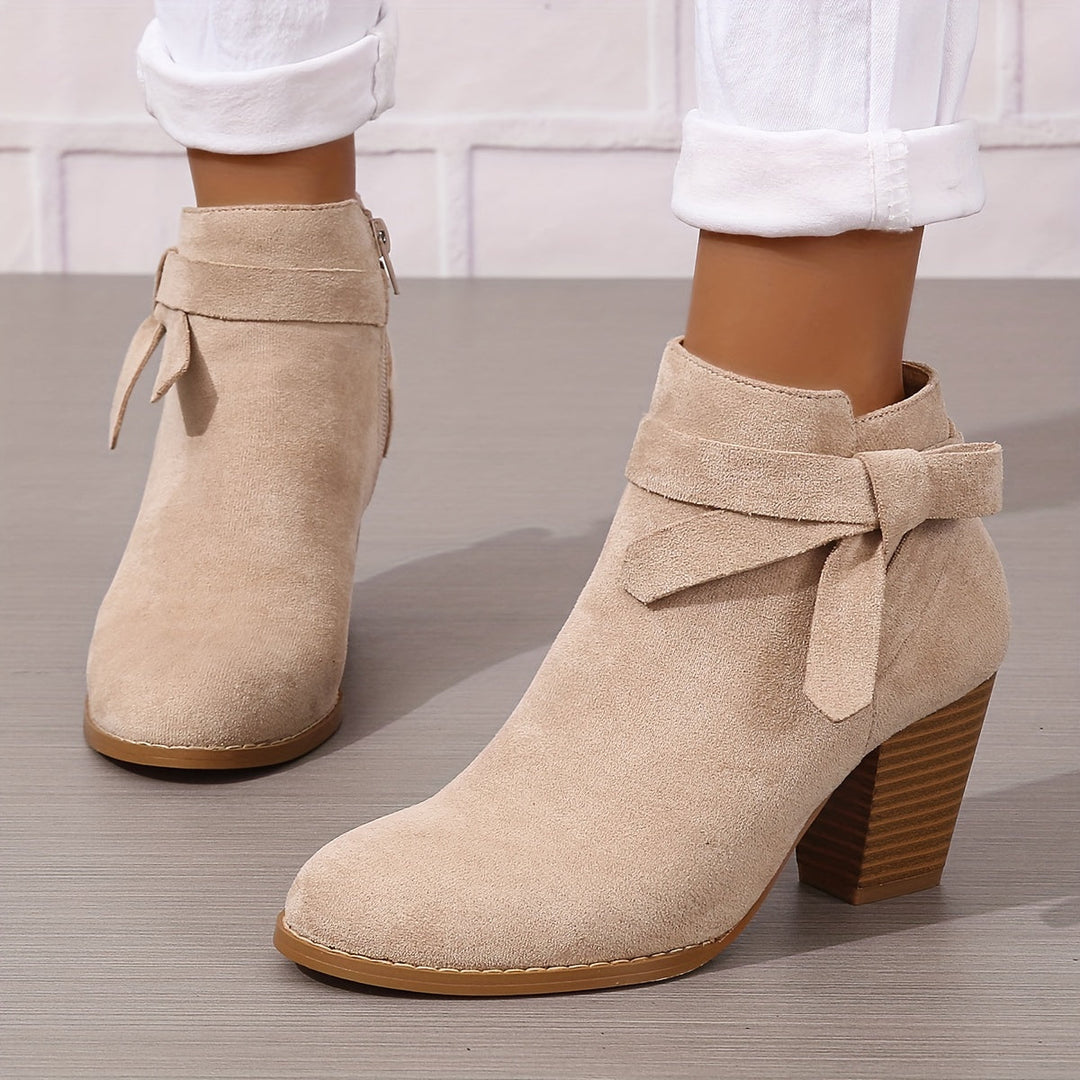 Women's Pointed-Toe Ankle Boots with Block Heel in Beige