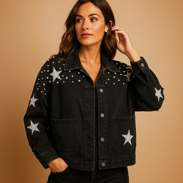 Women's Printed Denim Jacket in Trench Coat Style in Black