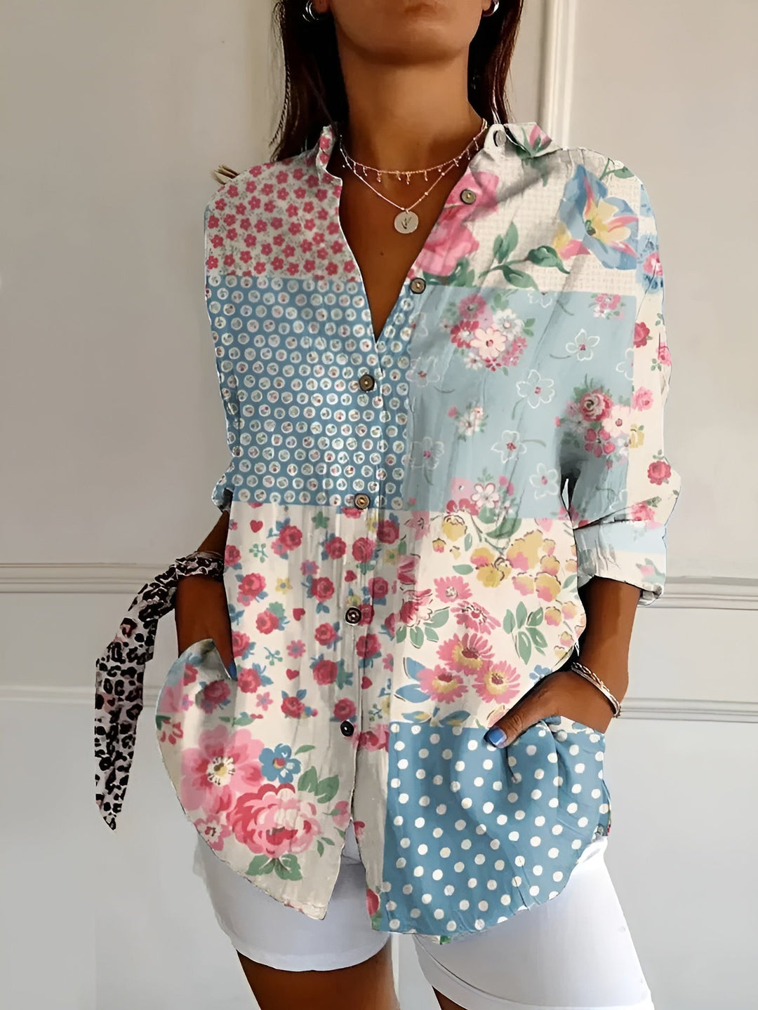 Women's Printed Linen Blouse for Summer in Blumen Blau