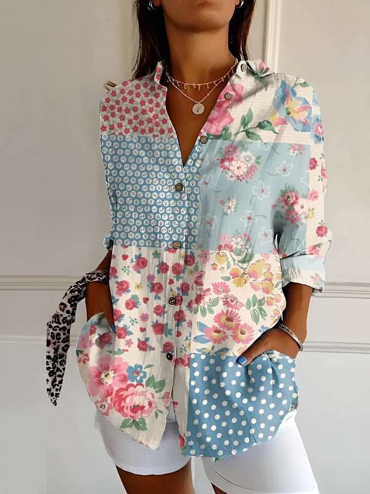 Women's Printed Linen Blouse for Summer in Blumen Blau
