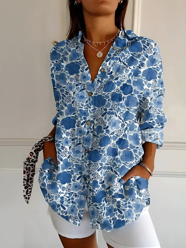 Women's Printed Linen Blouse for Summer in Dunkelblau Floral