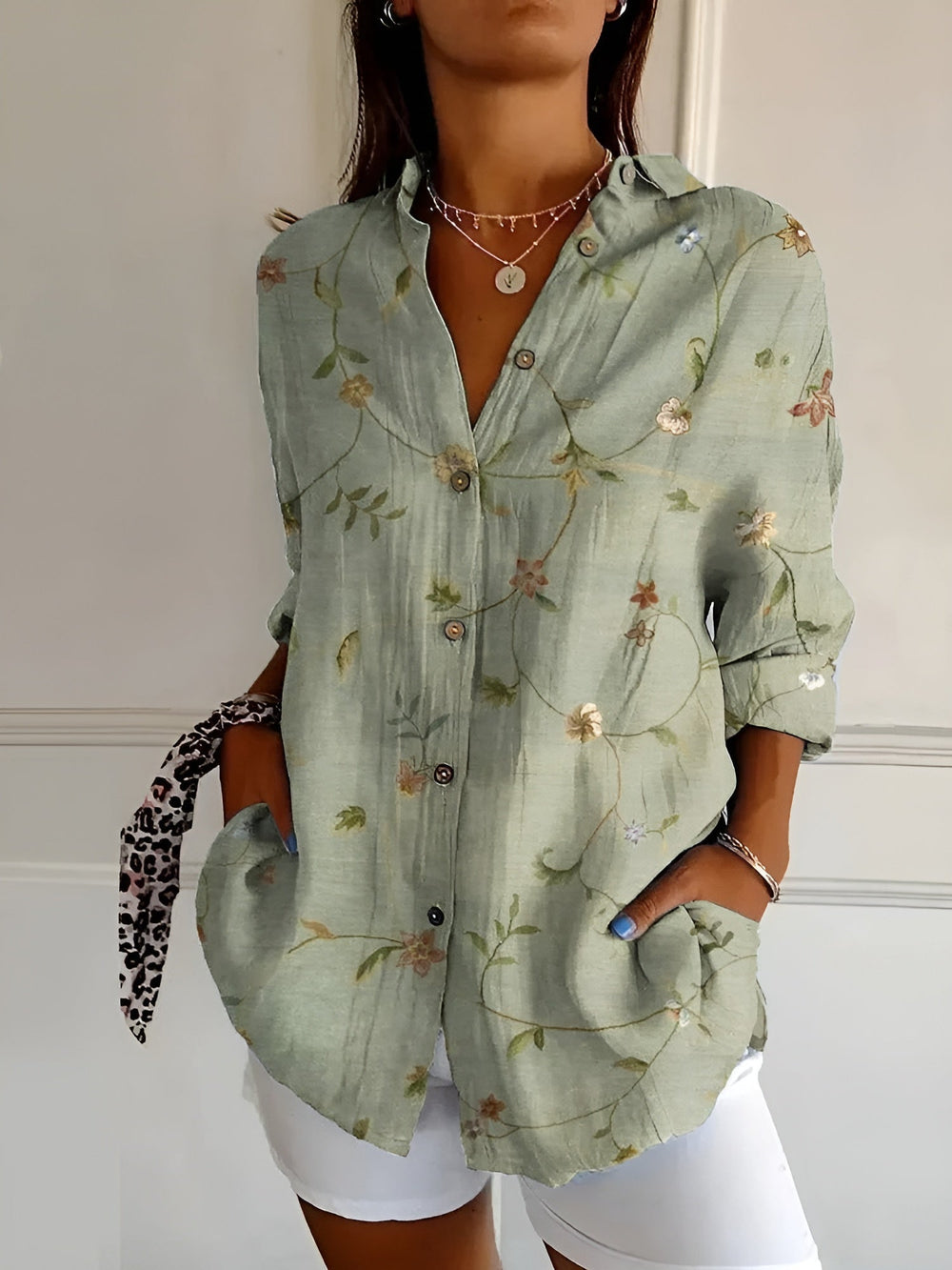 Women's Printed Linen Blouse for Summer in Green