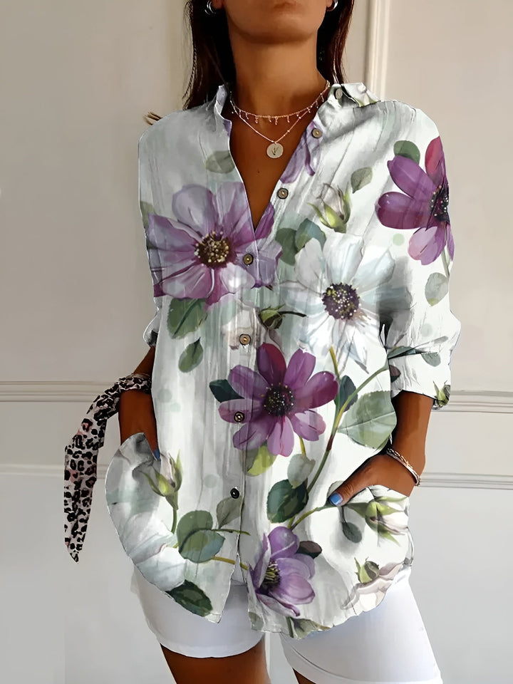 Women's Printed Linen Blouse for Summer in Lila Blumen