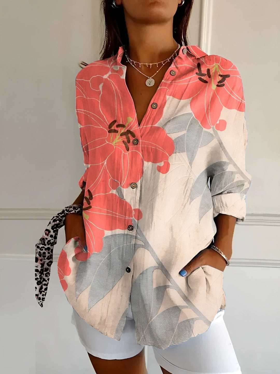Women's Printed Linen Blouse for Summer in Orange/Grau Floral