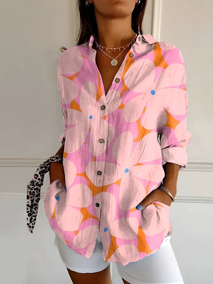 Women's Printed Linen Blouse for Summer in Pink Floral