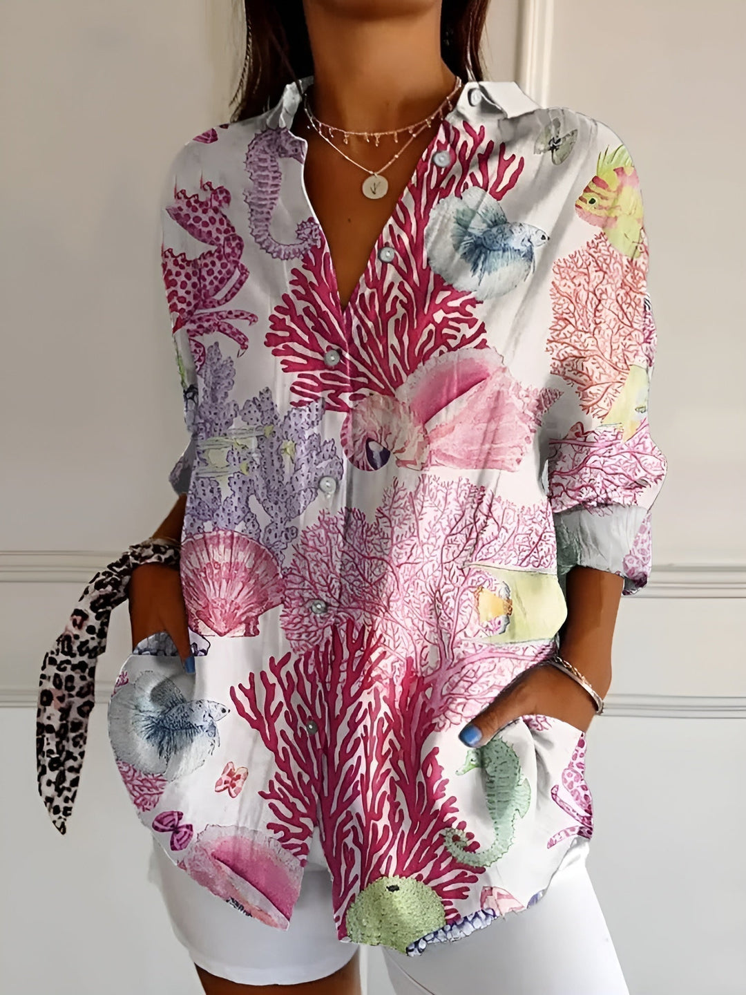 Women's Printed Linen Blouse for Summer in Pink