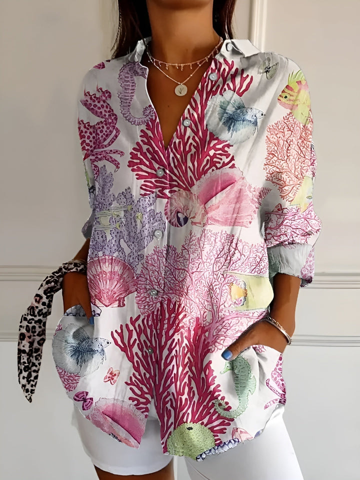 Women's Printed Linen Blouse for Summer in Pink