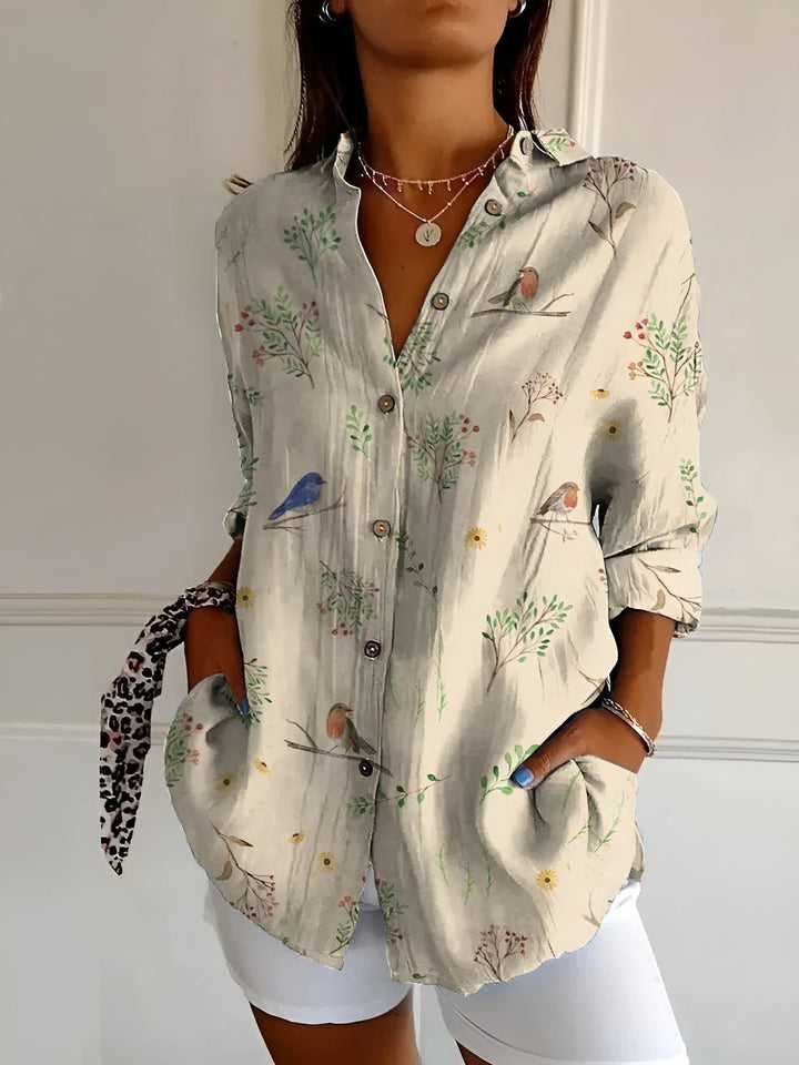 Women's Printed Linen Blouse for Summer in Vögel