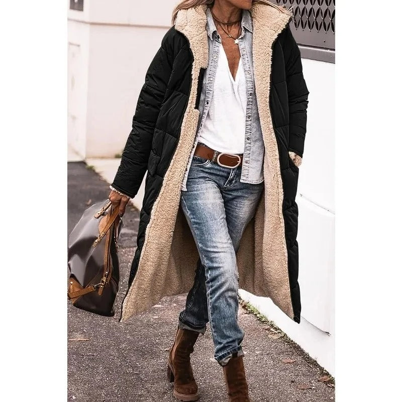 Women's Puffer Coat in Longline with Sherpa in Black