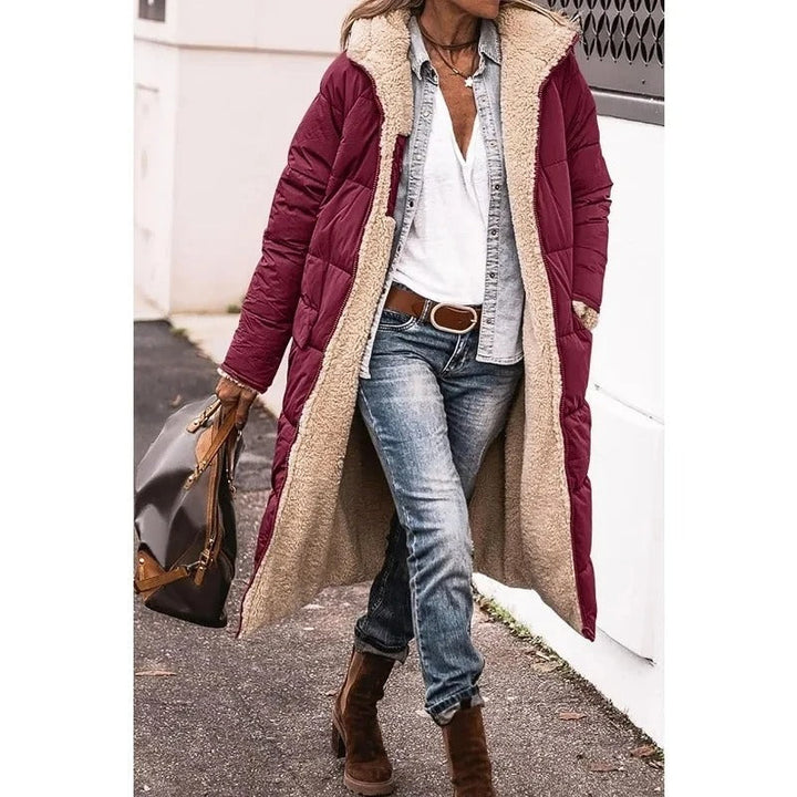 Women's Puffer Coat in Longline with Sherpa in Burgundy