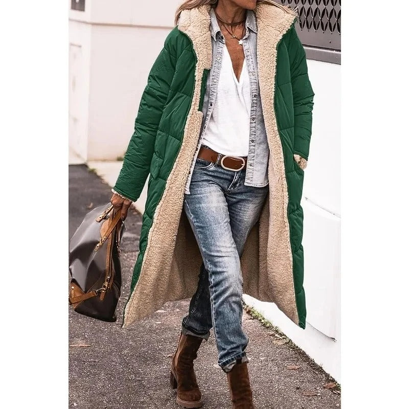 Women's Puffer Coat in Longline with Sherpa in Green