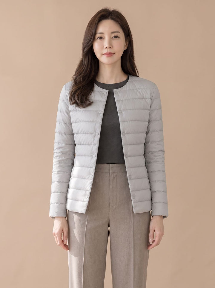 Women's Puffer Coat Lightweight Quilted Hip-Length in Light Grey