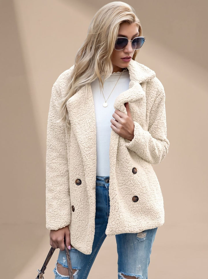 Women's Puffer Coat with Button-Front Revers Collar in Beige