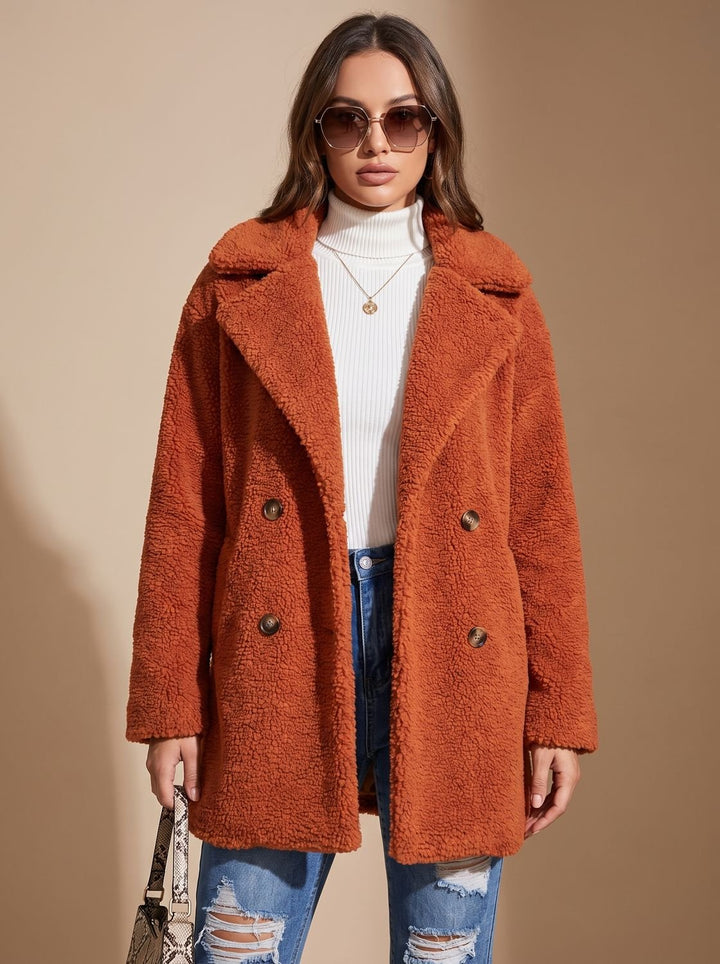 Women's Puffer Coat with Button-Front Revers Collar in Orange
