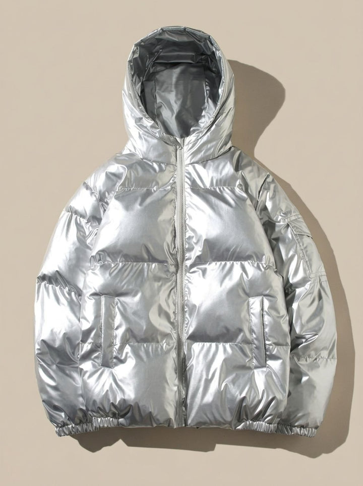 Women's Puffer Coat with Hooded Quilted Design in Hooded Silver