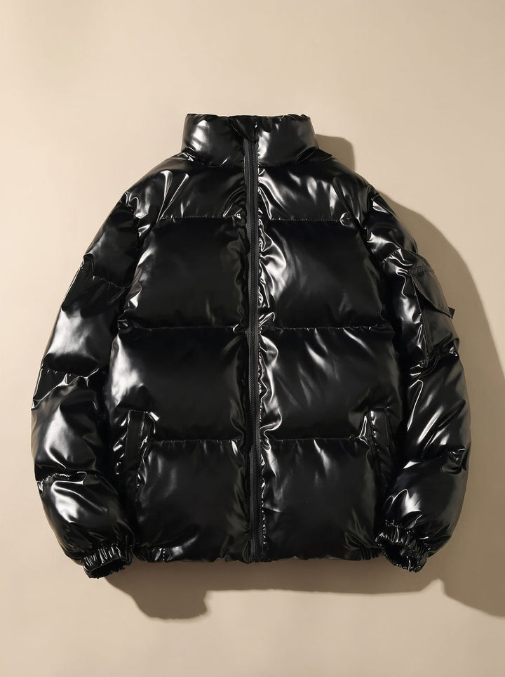 Women's Puffer Coat with Hooded Quilted Design in Stand Collar Black