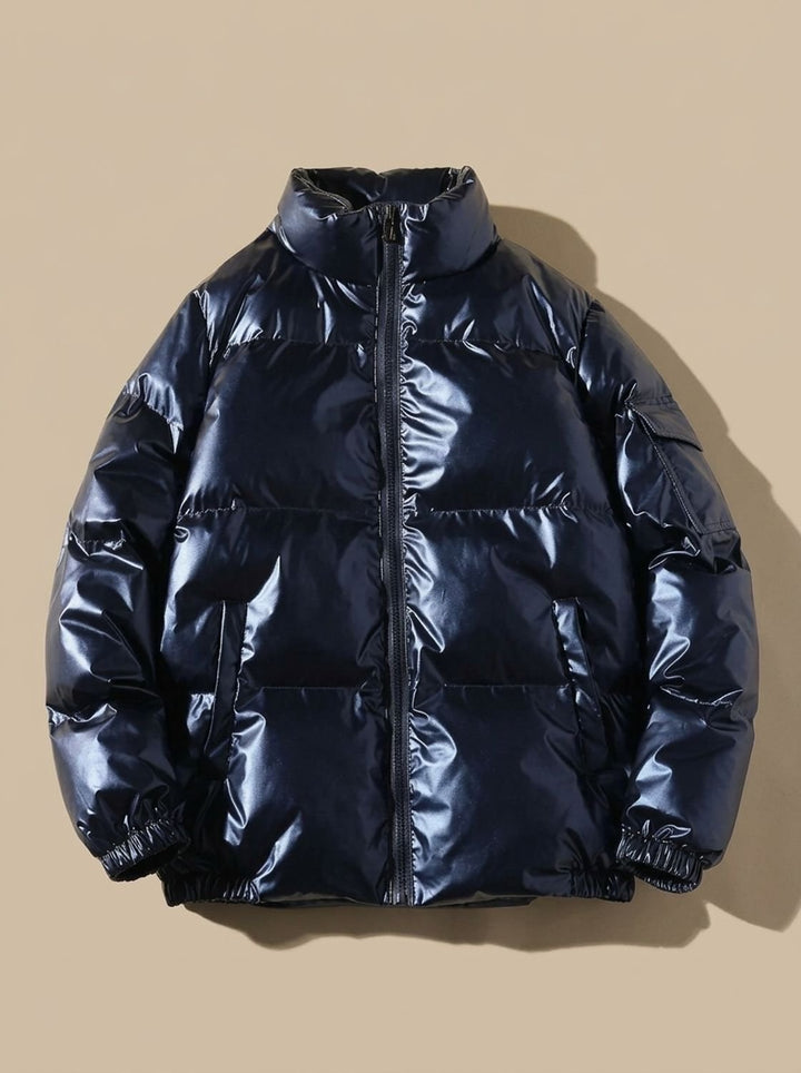 Women's Puffer Coat with Hooded Quilted Design in Stand Collar Blue