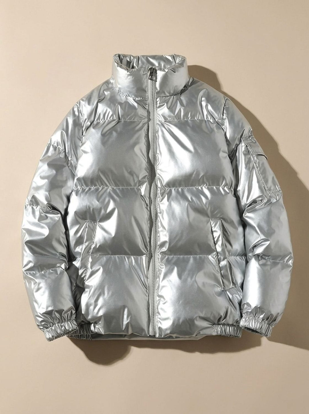 Women's Puffer Coat with Hooded Quilted Design in Stand Collar Silver