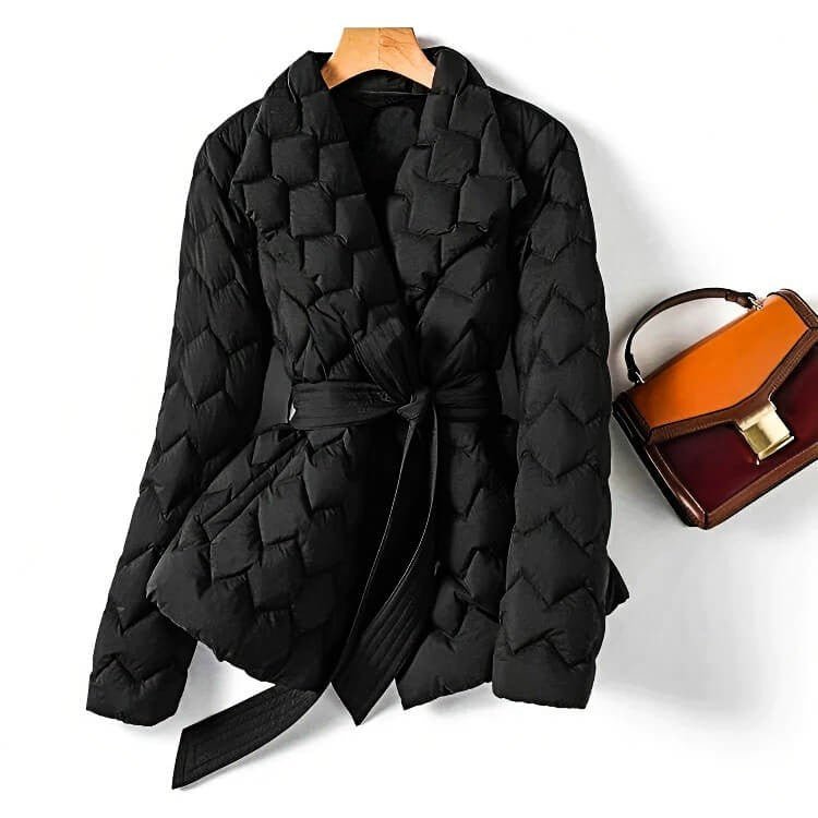 Women's Puffer Coat with Quilted Belted Waist in Midnight Black