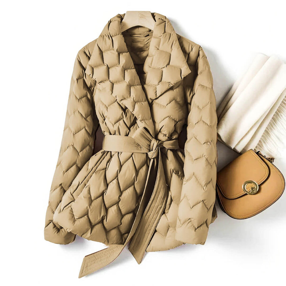 Women's Puffer Coat with Quilted Belted Waist in Sandstone Beige