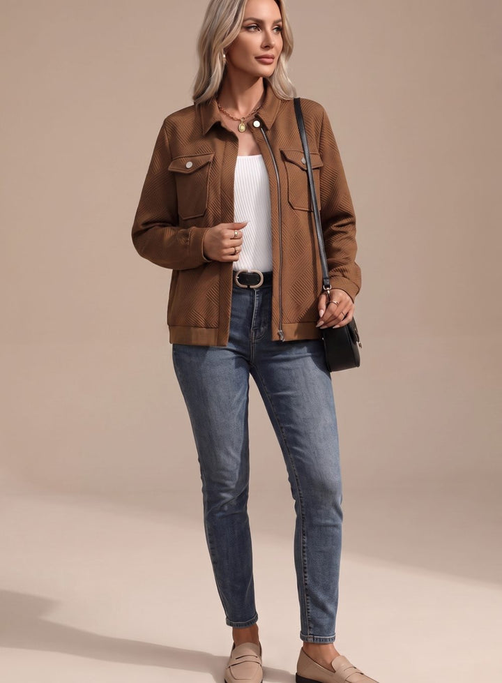 Women's Puffer Coat with Quilted Zip-Up Design in Coffee Brown
