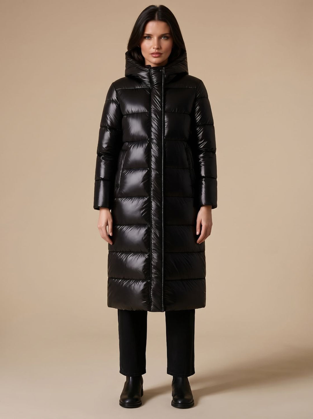 Women's Puffer Maxi Coat with Quilted Hood in Black