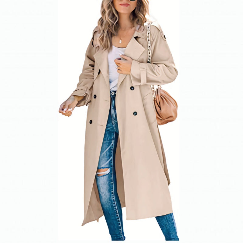 Women's Refined Long Autumn Trench Coat in Khaki