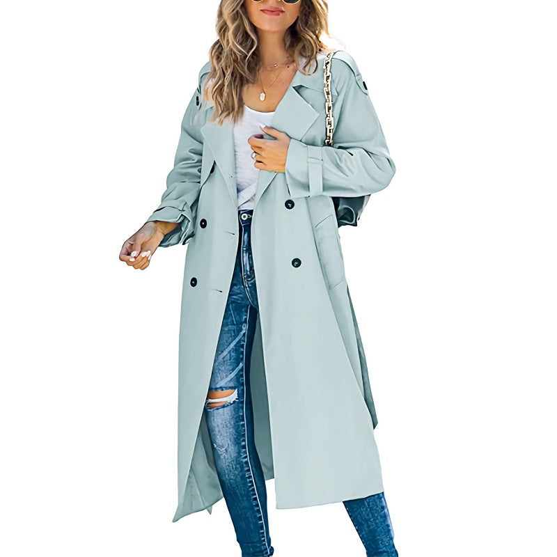 Women's Refined Long Autumn Trench Coat in Light Blue