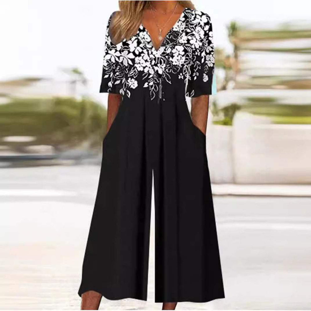 Women's Relaxed Boho Floral Jumpsuit in Black