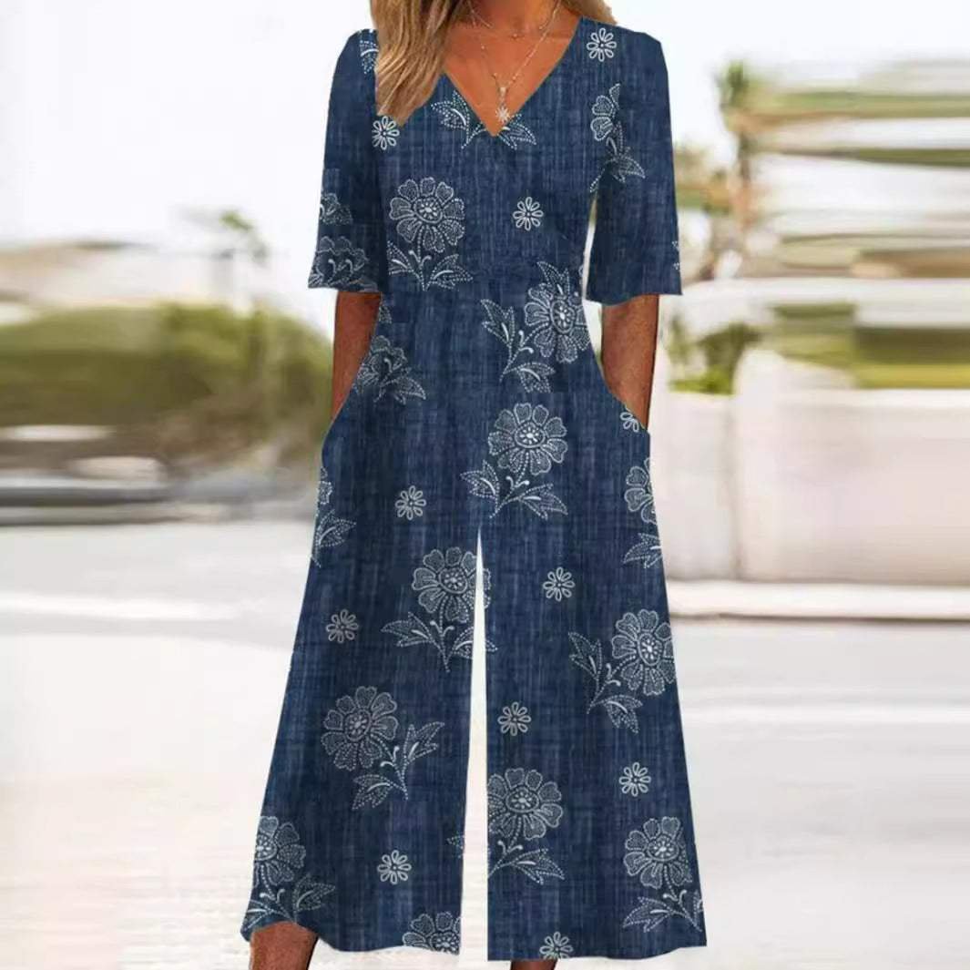 Women's Relaxed Boho Floral Jumpsuit in Navy