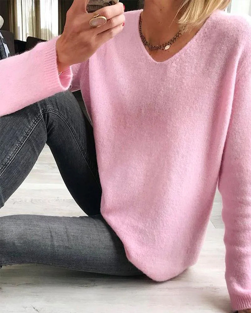 Women's Relaxed Cotton Long-Sleeve V-Neck Sweater